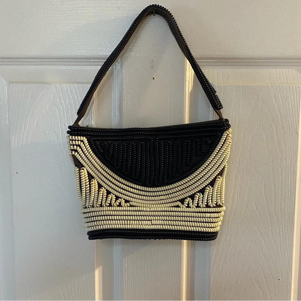 VTG 40’s Black Navy White Stripes Telephone Cord Wire Bag Purse